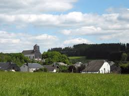 Scène de rue à Léglise avec camion de vidange, maisons en pierre de taille et verdure naturelle. Vidange Léglise en action