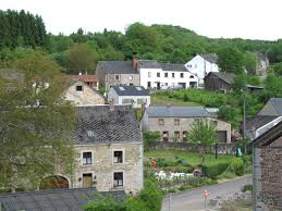 Rue paisible à Tellin avec camions pour vidange, bâtiments traditionnels en pierre et végétation luxuriante en arrière-plan